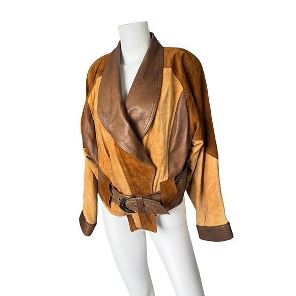 Vintage Jackets & Blazers - VTG The Leather Ranch le Ranch du Cuir Suede Jacket Colorblock Belted Neutral